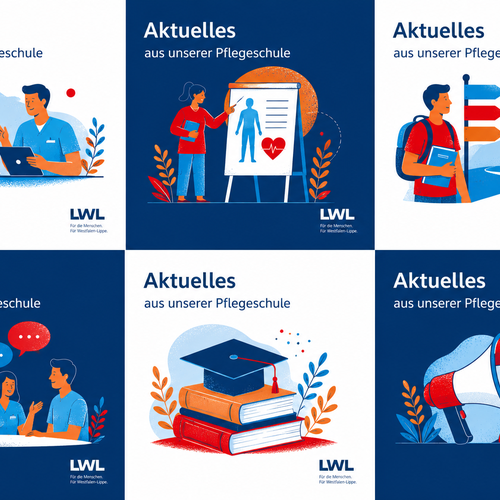 Ein Bild mit blau-weißen Kacheln sowie verschiedenen gezeichneten Figuren und dem Schriftzug ,Aktuelles aus der Pflegeschule,